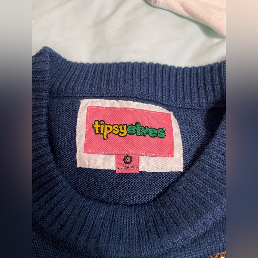 Women’s XS Tipsy Elves Navy Blue Gaudy Garland Christmas Sweater Dress - Picture 4 of 6